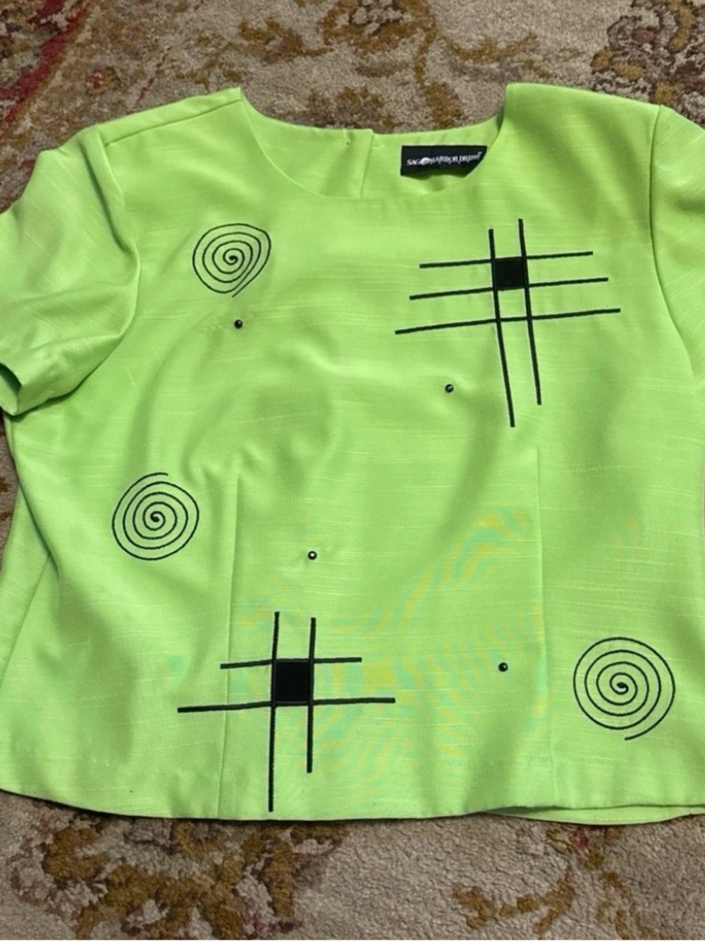 Vintage 80s 90s Lime Green Geometric Embroidered Cropped Length Top - L